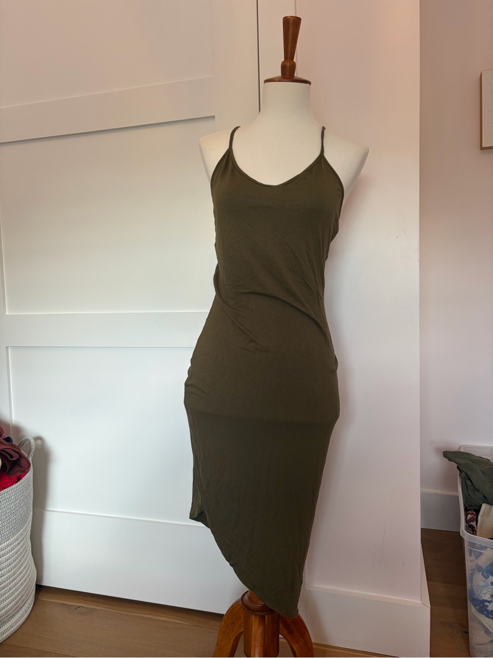 Olive Green Spaghetti Strap Midi Dress